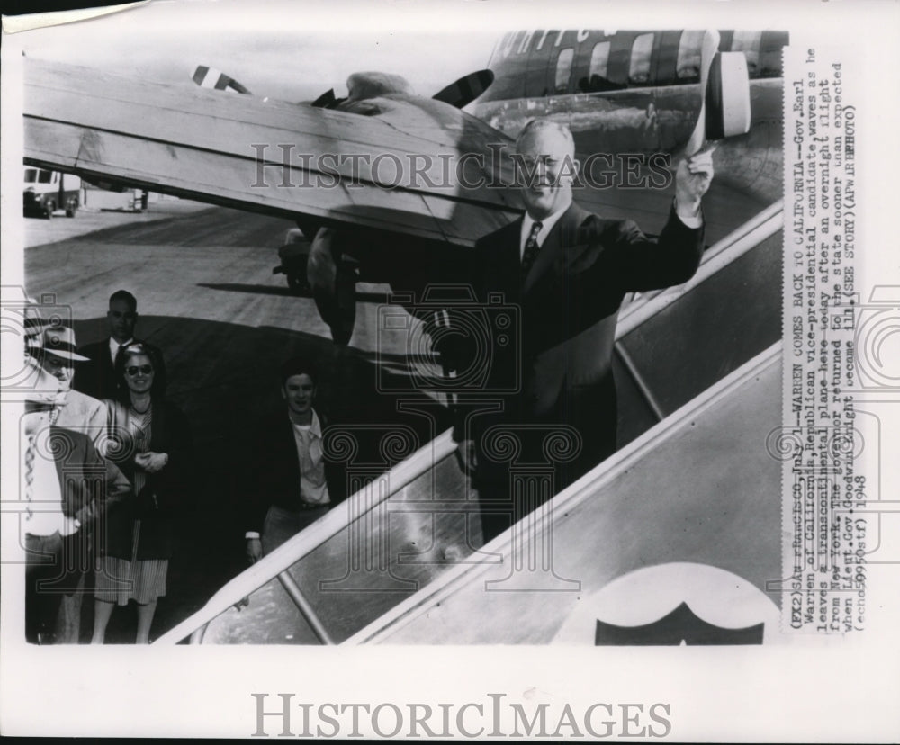 1948 Press Photo Warren returned sooner to California when Goodwin become ill - Historic Images