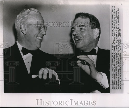 1952 Press Photo Gov.Warren&Gov.Dewey chat in Waldorf Astoria Hotel. - Historic Images