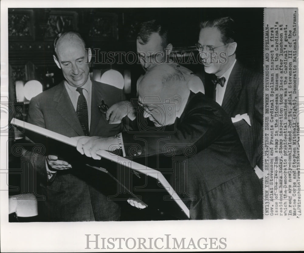 1952 Press Photo Gov Adlai Stevenson &amp; Francis Cardinal Spellman on first issue - Historic Images