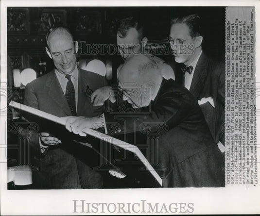 1952 Press Photo Gov Adlai Stevenson & Francis Cardinal Spellman on first issue - Historic Images