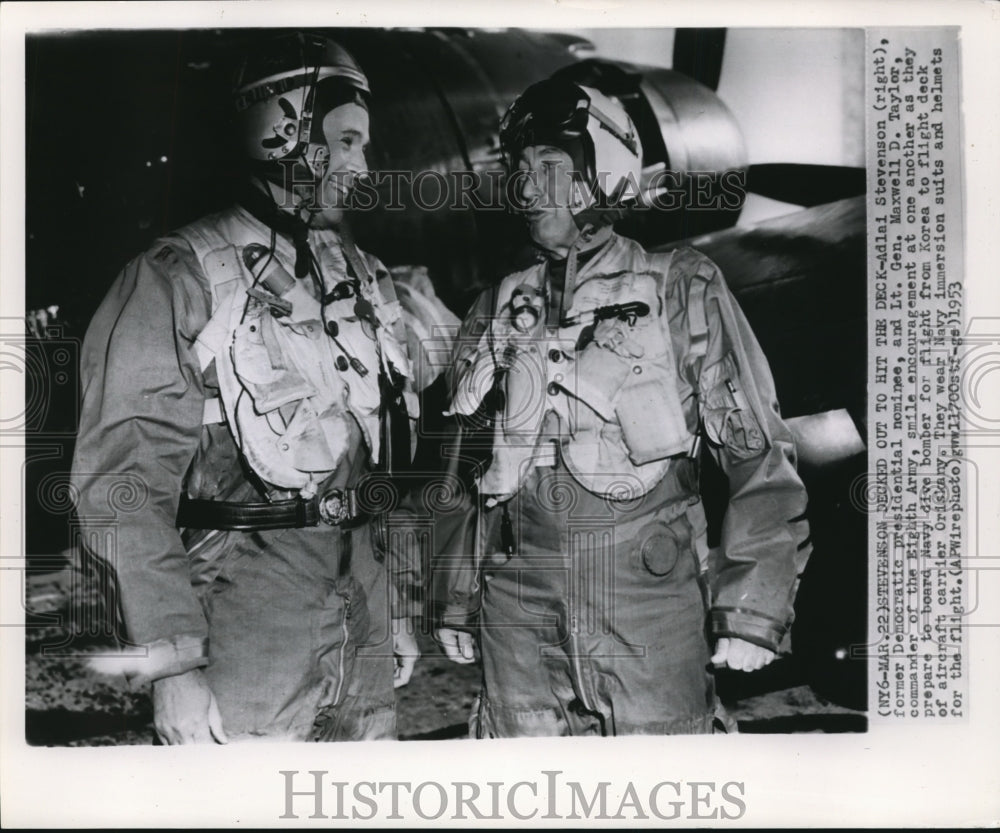 1953 Adlai Stevenson &amp; Lt Gen Maxwell Taylor to board Navy dive - Historic Images