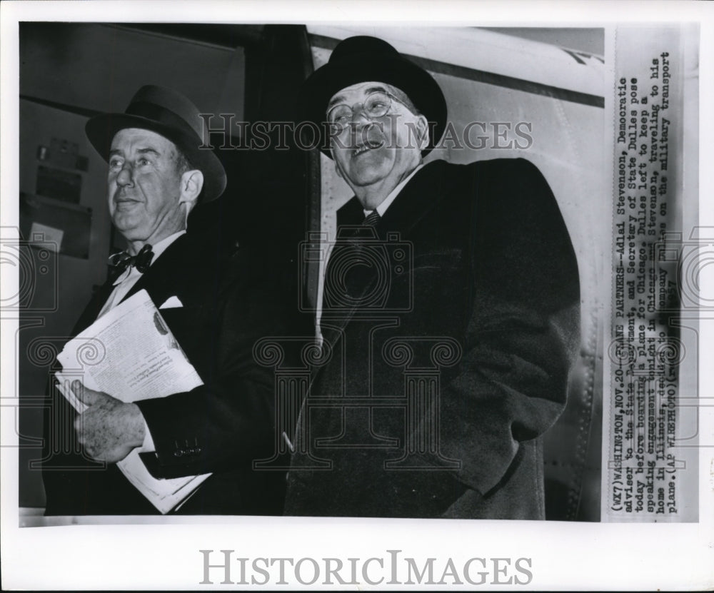 1957 Press Photo Adlai Stevenson &amp; Sec of State Dulles before boarding a plane - Historic Images