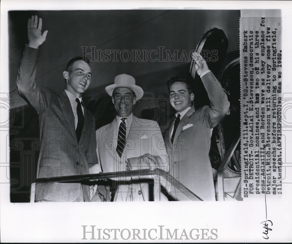 1957 Press Photo Gov Adlai Stevenson &amp; sons Adlai III &amp; Birden to Detroit - Historic Images