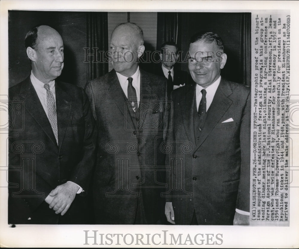 1958 Press Photo Adlai Stevenson, Dwight Eisenhower and Thomas E. Dewey. - Historic Images