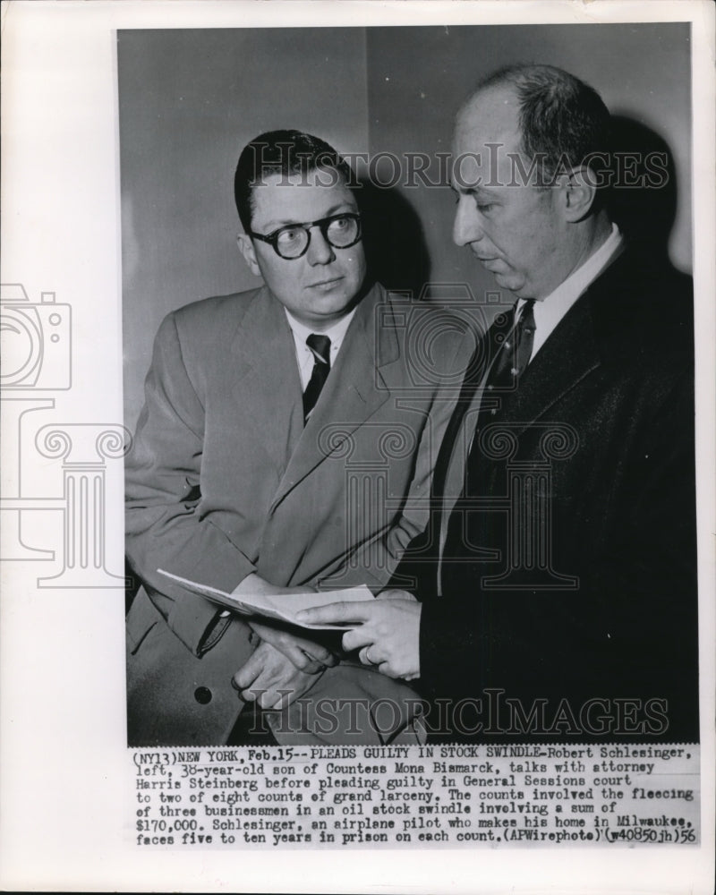 1956 Press Photo Schlesinger pleads guilty instock swindle at Gen. Sessionscourt - Historic Images