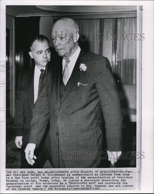1963 Press Photo Eisenhower leaving N.Y. hotel after  of assassinationof Kennedy - Historic Images