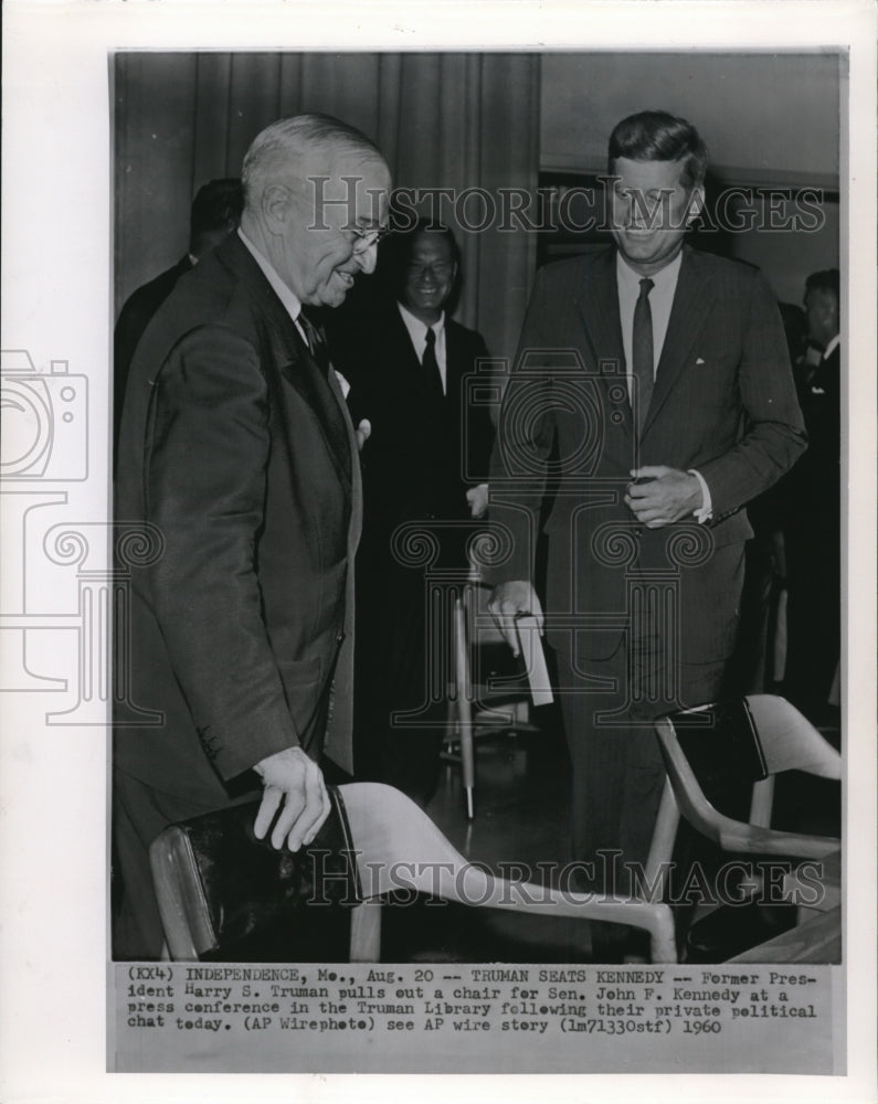 1960 Press PhotoFormer Pres.Harry S.Truman Pulls Out a Chair for Sen.J.F.Kennedy - Historic Images