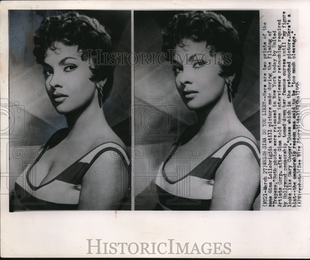 1956 Press Photo Gina Lollobrigida during filming of Trapeze. - Historic Images