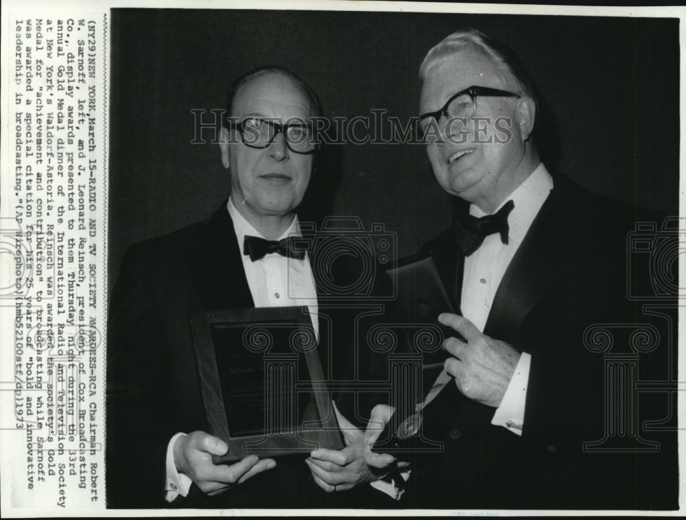 1973 Press Photo RCA Chairman Robert W. Sarnoff and J. Leonard Reinsch, - Historic Images