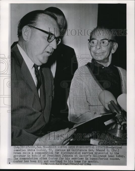 1964 Press Photo Retired comedian Eddie Cantor and Gov. Edmund Brown - Historic Images