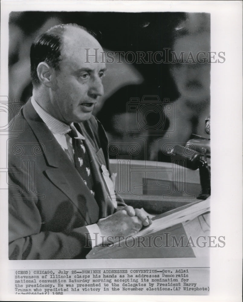 1952 Press Photo Gov. Adlai Stevenson as he addresses Democratic Natl convention - Historic Images