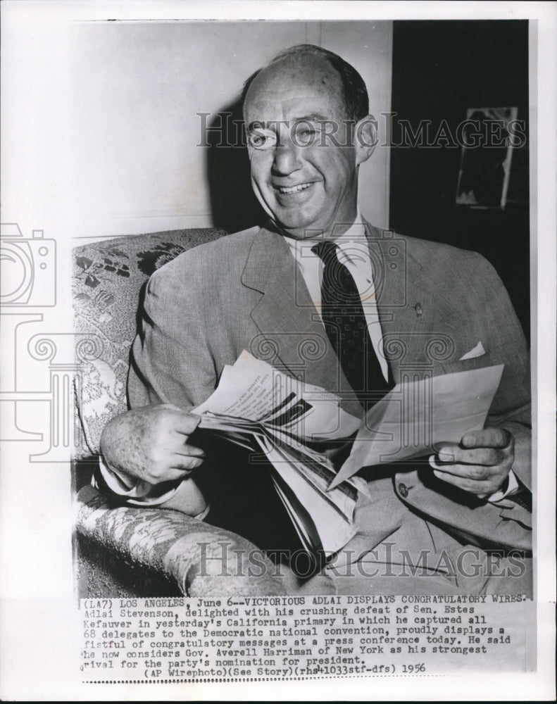 1956 Wire Photo Victorious Adlai displays Congratulatory Wires in California - Historic Images