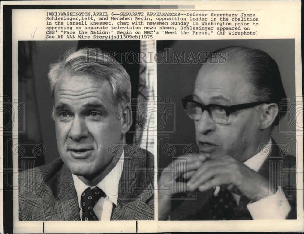 1975 Press Photo Defense Sec. James Schlesinger and Menahen Begin - Historic Images