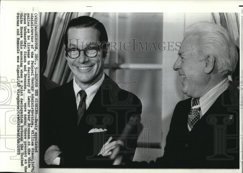 1973 Press Photo Energy Admin William E. Simon &amp; Sec of Labor  Peter Brennan - Historic Images