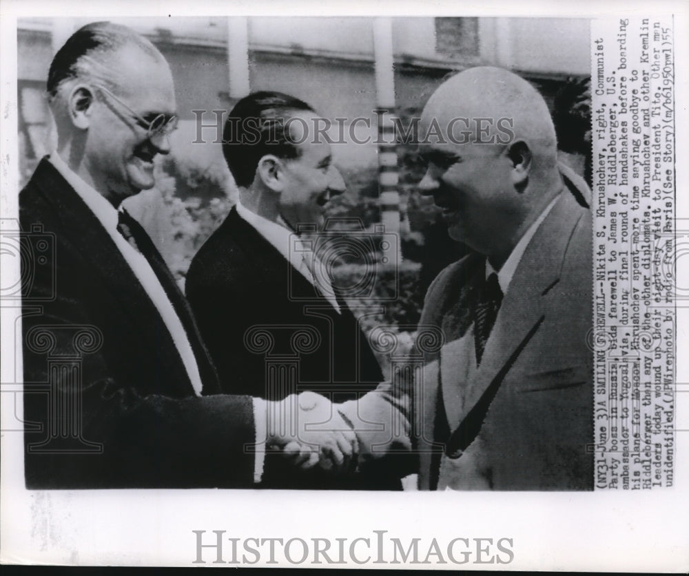 1955 Press Photo Soviet Union Communist boss Nikita Khrushchev & J. Riddleberger - Historic Images