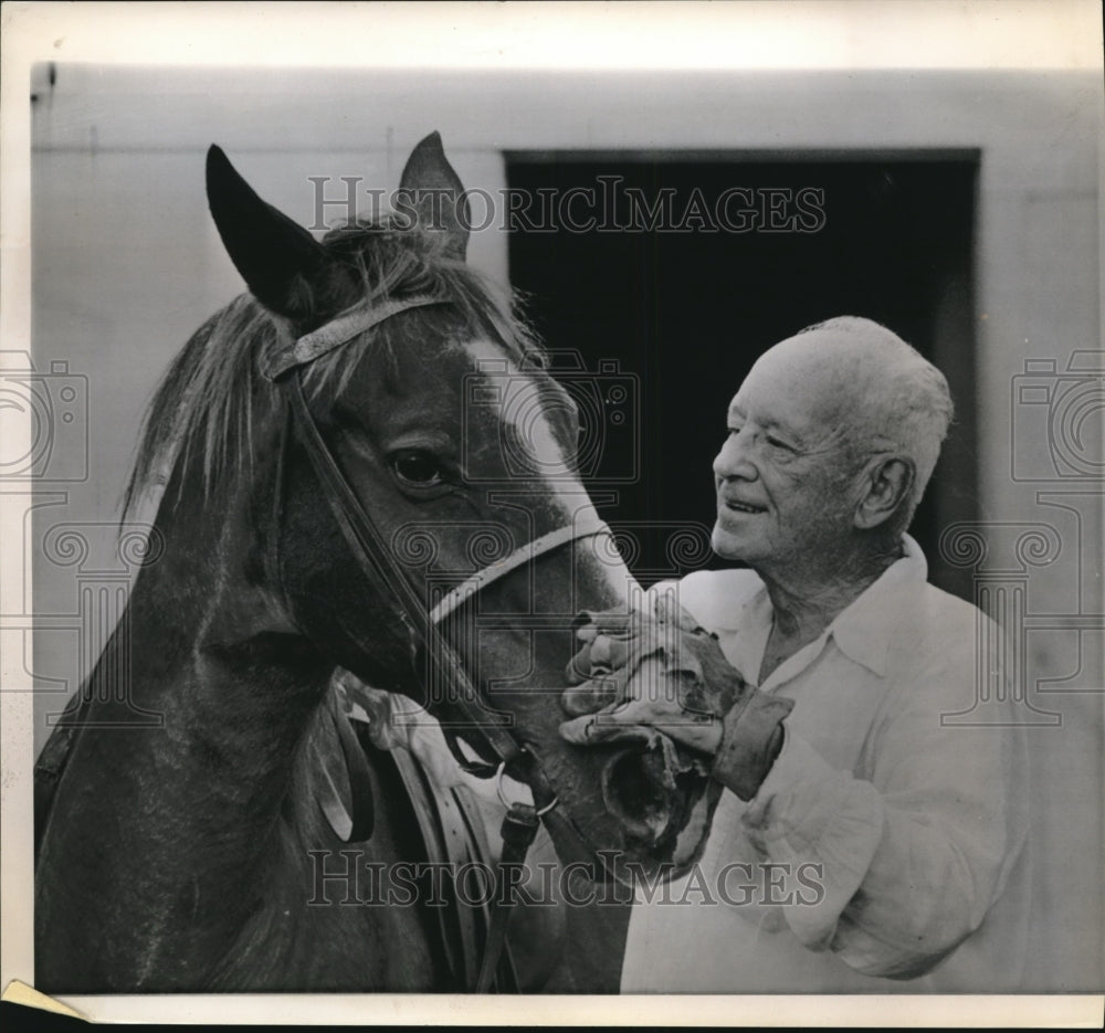 1962 Alfred Landon with his horse during his 75th birthday - Historic Images