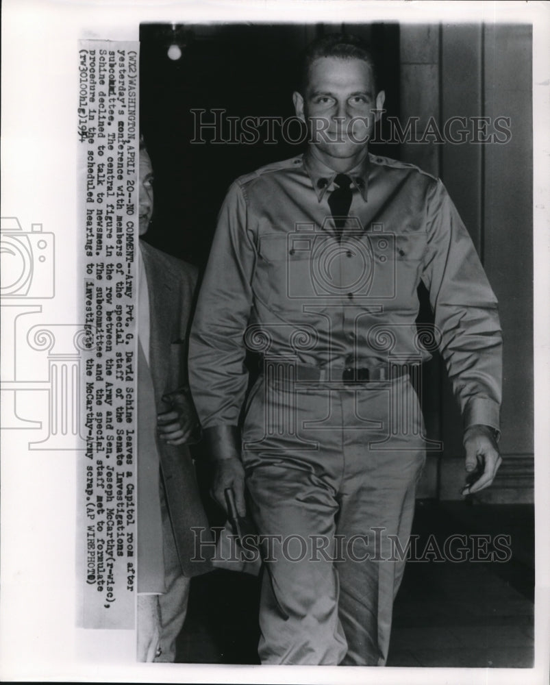 1954 Press Photo Army Pvt G. David Schine after meeting w/ Senate Invest Com - Historic Images