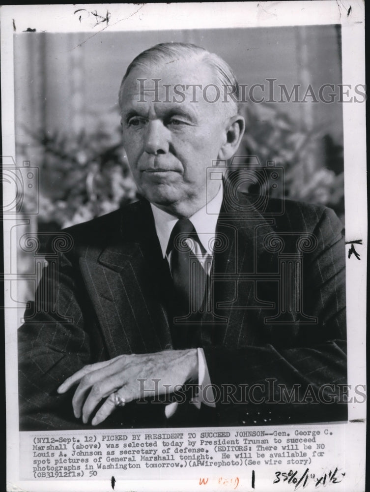 1950 Wire Photo Gen. George C. Marshall was selected by President Truman - Historic Images