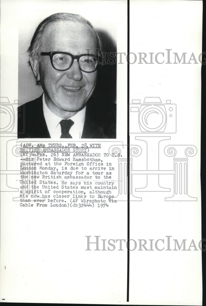 1974 Press Photo New Ambassador to U.S., Sir Peter Edward Ramsbotham - Historic Images