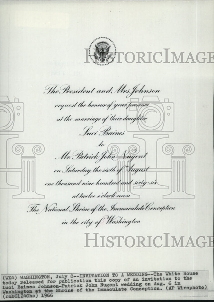 1966 Press Photo An invitation to Luci Baines Johnson-Patrick John Nuget wedding - Historic Images
