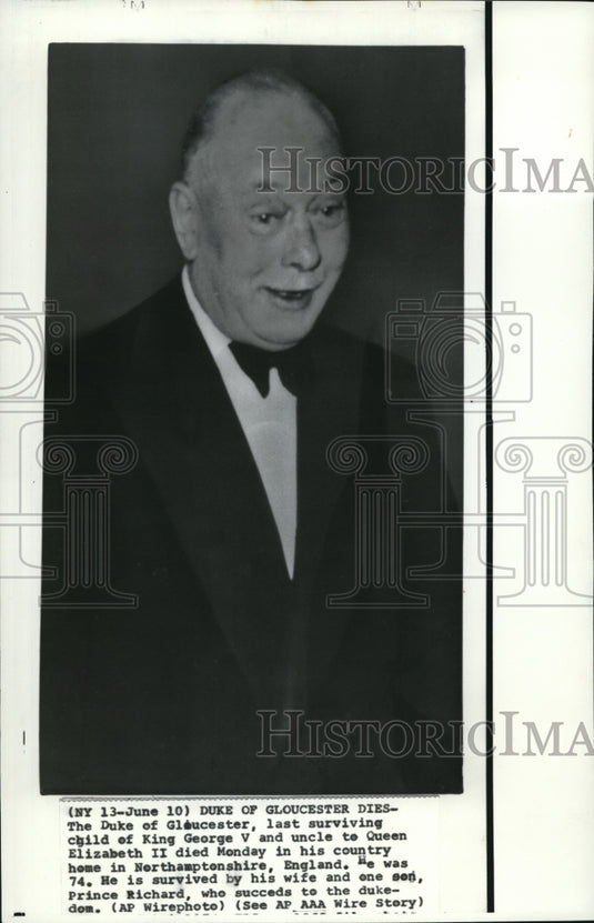 1974 Press Photo The Duke of Gloucester, last surviving child of King George V - Historic Images