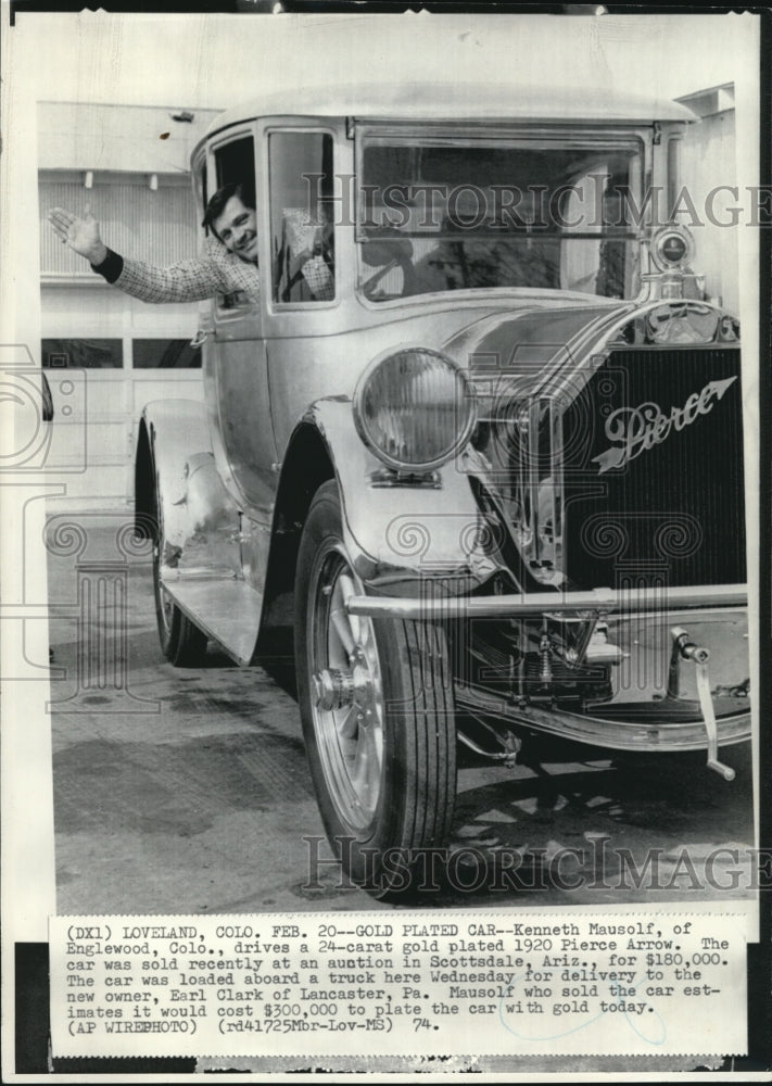 1974 Wire Photo Kenneth Mausolf Drives a 24 Carat Gold Plated 1920 Pierce Arrow-Historic Images