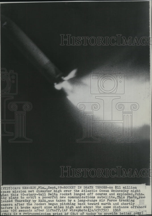 1968 Press Photo $11M space mission lunged off course & explode at Atlanticocean - Historic Images