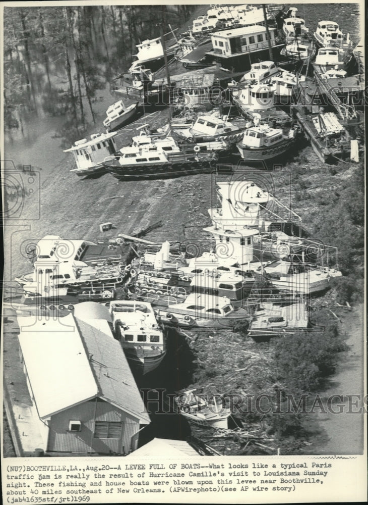 1969 Wire Photo Levee full of boats &amp; house at Boothville,NewOrleans by Camille - Historic Images