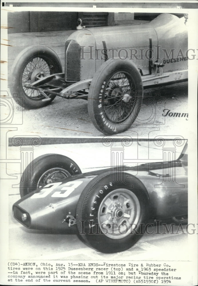 1974 Press Photo The Firestone Tire and Rubber Co.&#39;s tire on Duesenberg racer - Historic Images