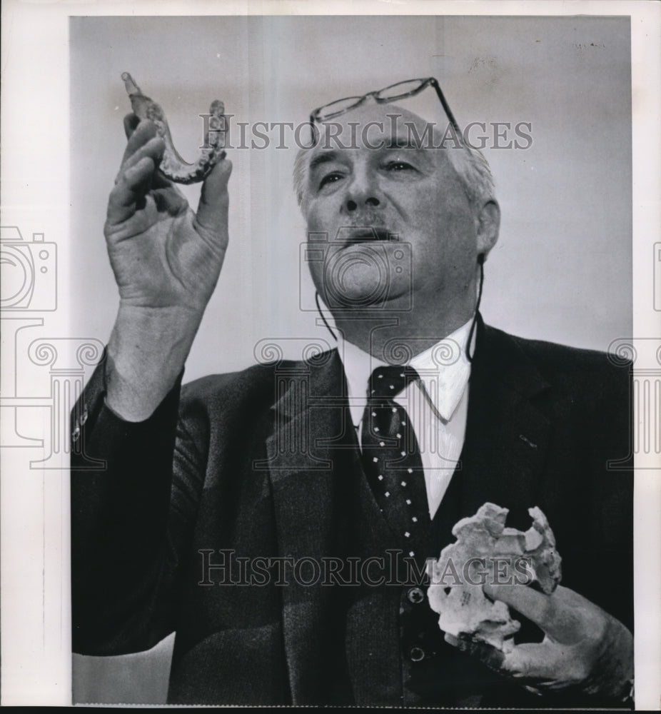 1964 Press Photo Dr. Louis Leakey, British anthropologist with the fossil - Historic Images