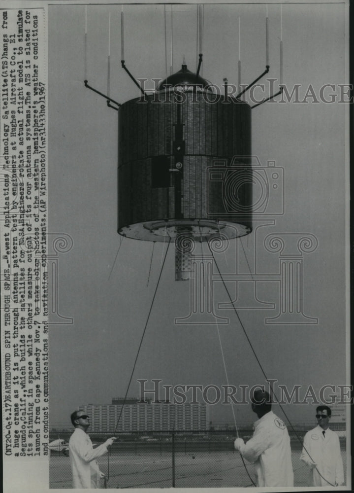 1967 Pres Photo  Newest Application Technology Satellite Hangs from Huge Crane - Historic Images