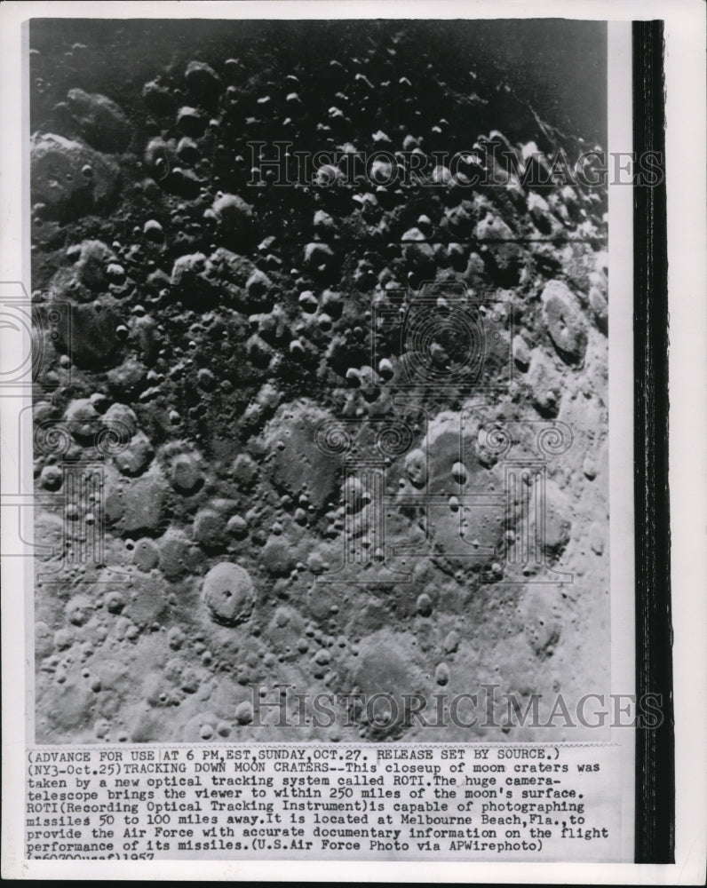 1957 Press Photo Close-up of Moon Craters taken by New Optical Tracking System - Historic Images