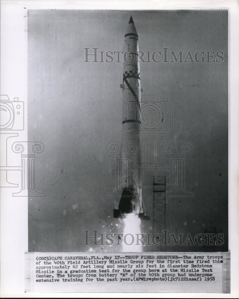 1958 Press Photo  Redstone Missile test launch at  the Missile Test Center, Fla - Historic Images