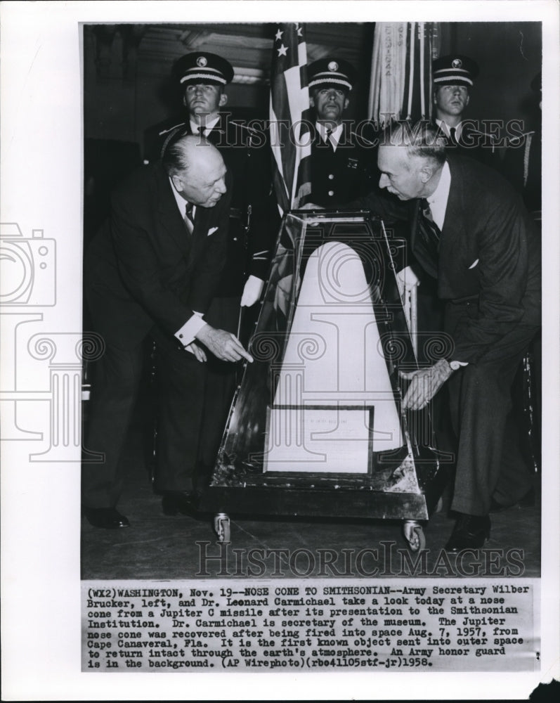 1958 Press Photo Army Sec. Wilber Brucker and Dr. Leonard Carmichael - Historic Images