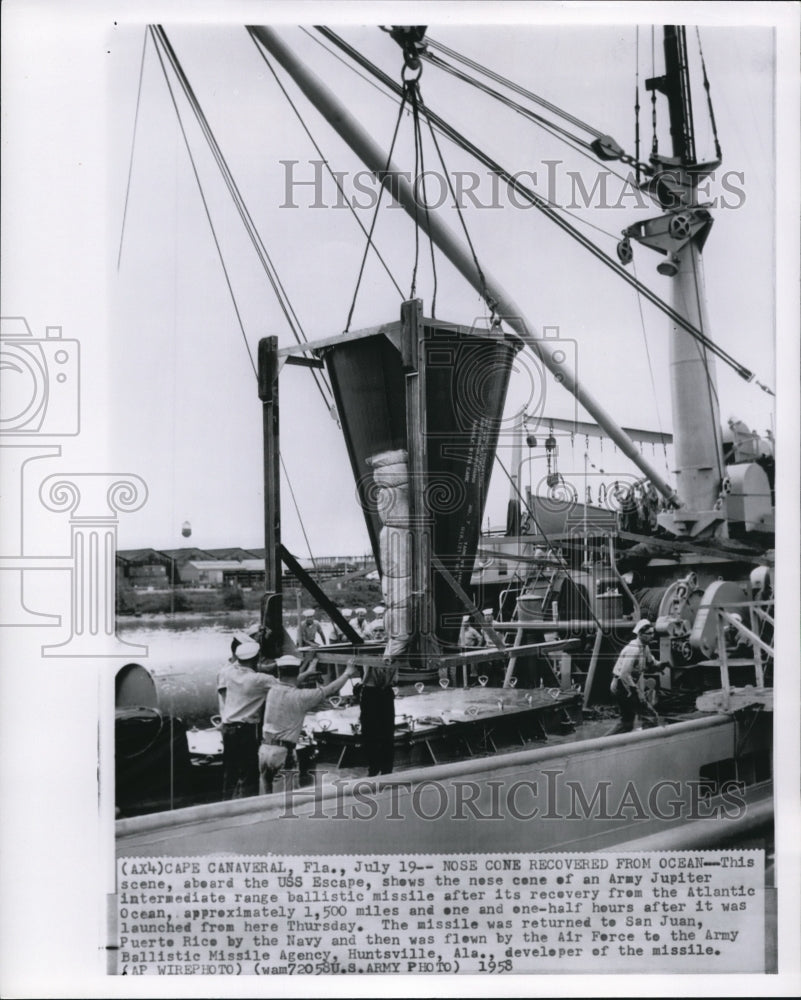 1958 Wire Photo The army Jupiter missile aboard the USS Escape - cvw09193 - Historic Images