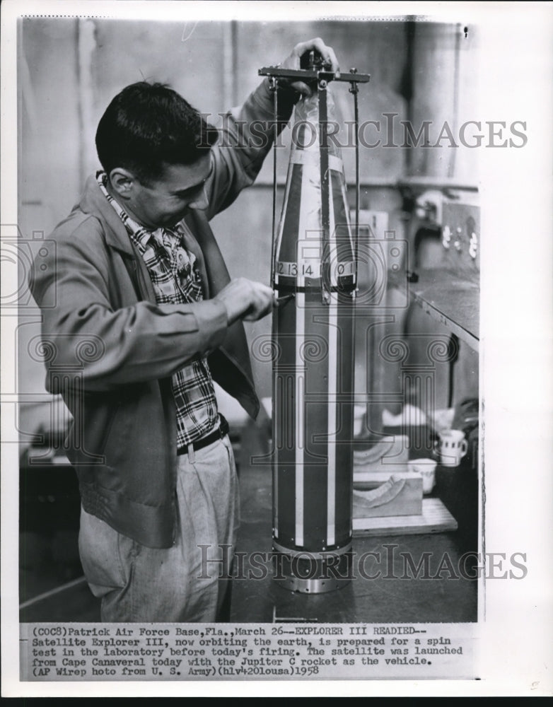 1958 Press Photo Satellite Explorer III readied in Lab before launch - Historic Images