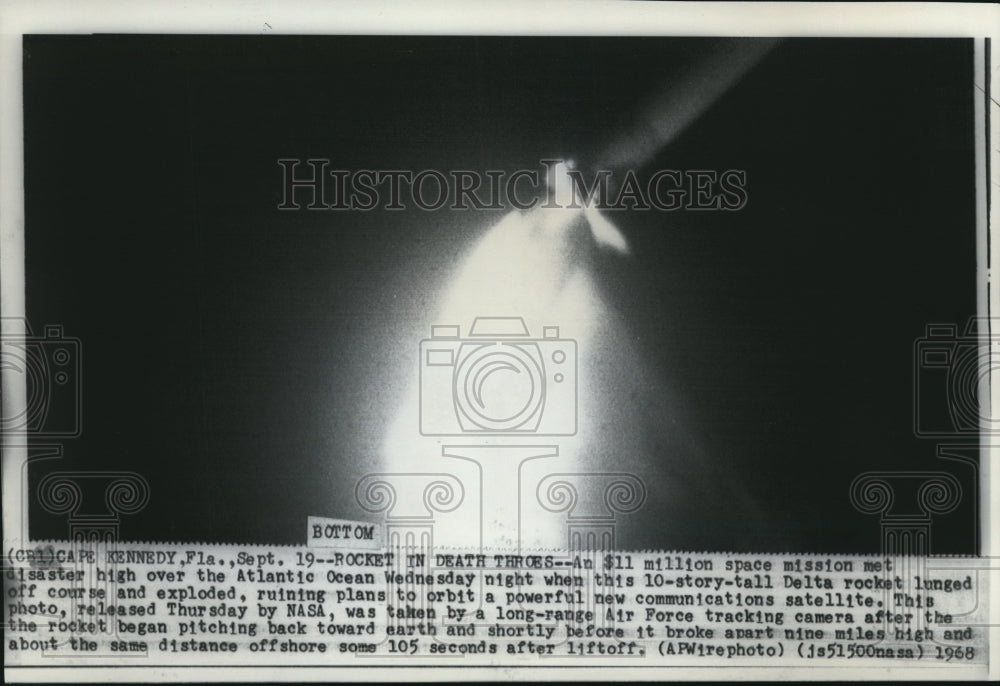 1968 Press Photo Delta Rocket lunged off course and exploded. - Historic Images