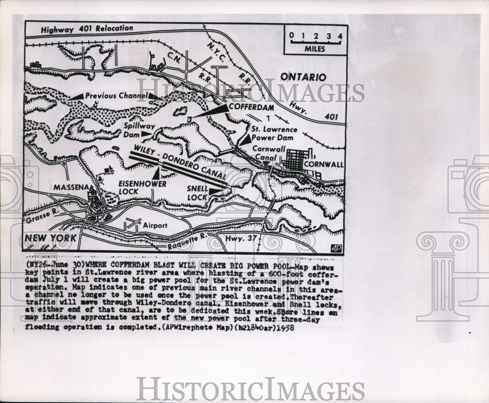 1958 Press Photo Map shows key points in St. Lawrence river area where blasting - Historic Images