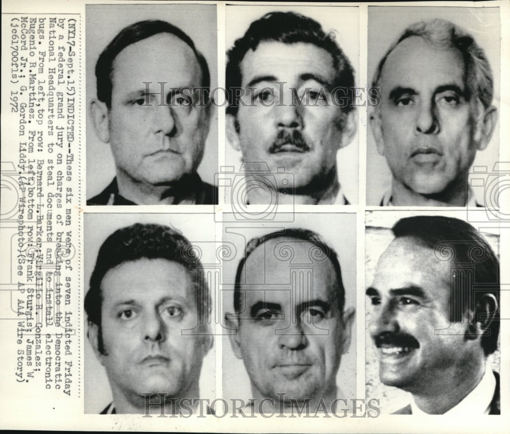 1972 Press Photo Men indicted by Federal Jury, Barker, Gonzales, Martinez, Liddy - Historic Images