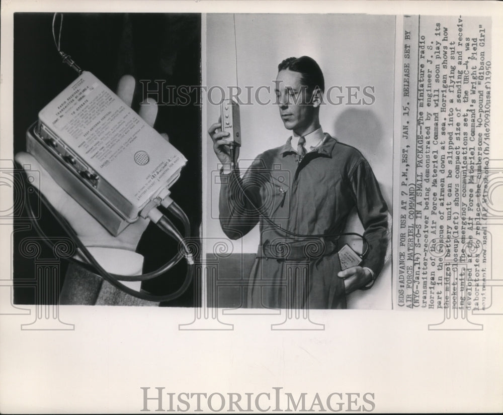 1950 Press Photo S.O.S. in small package shown by Horrigan for airmen down atsea - Historic Images