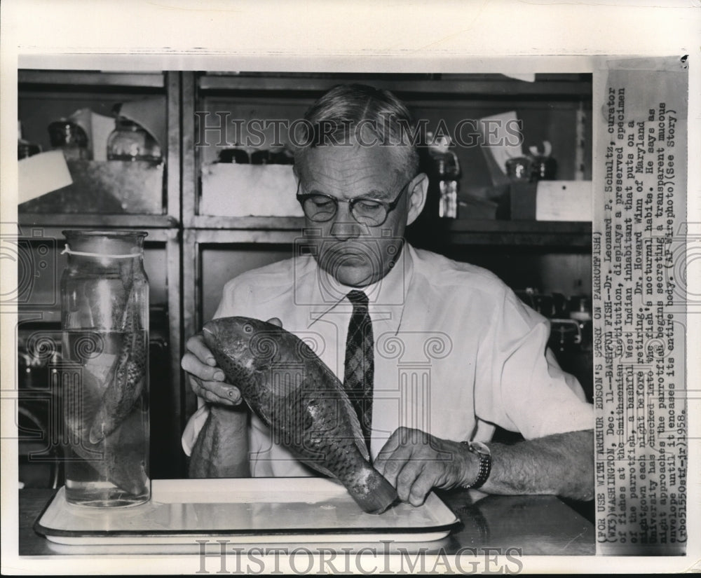 1958 Press Photo Dr. Leonard Schultz, fishes curator at Smithsonian Institution - Historic Images