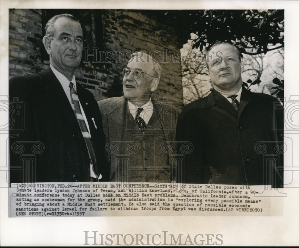 1957 Wire Photo Sec of State Dulles, Senate leaders Lyndon Johnson & Knowland - Historic Images