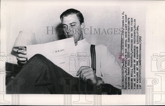 1949 Press Photo Ref.Franklin D.Roosevelt Jr.Studying House Bill 5291 - Historic Images