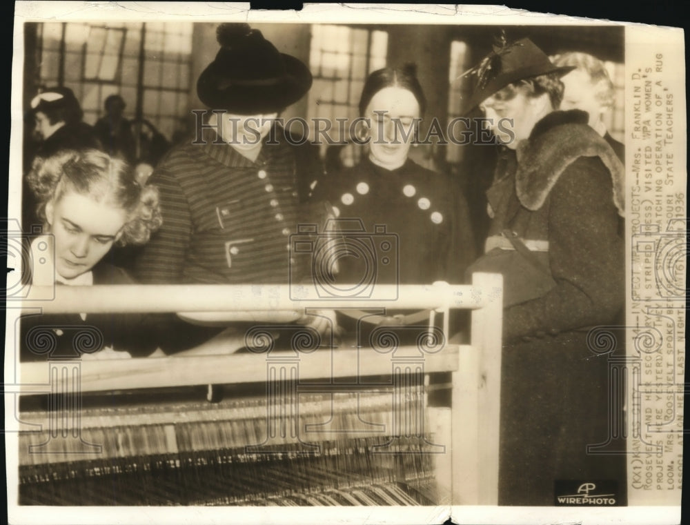 1936 Press Photo Mrs. Franklin D. Roosevelt and her secretary in striped dress - Historic Images