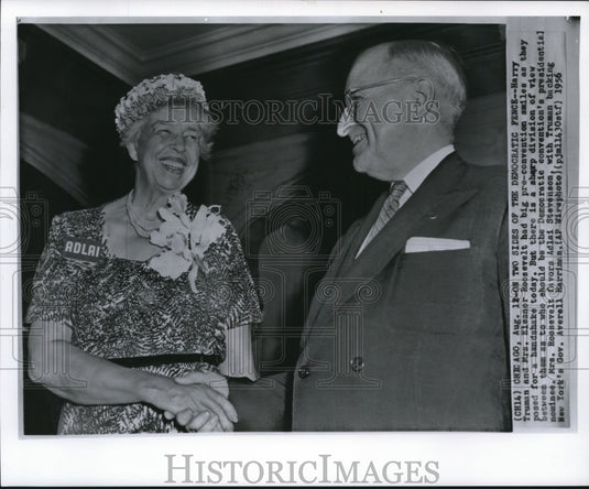 1956 Wire Photo Harry Truman and Mrs. Eleanor Roosevelt had big pre-convention - Historic Images