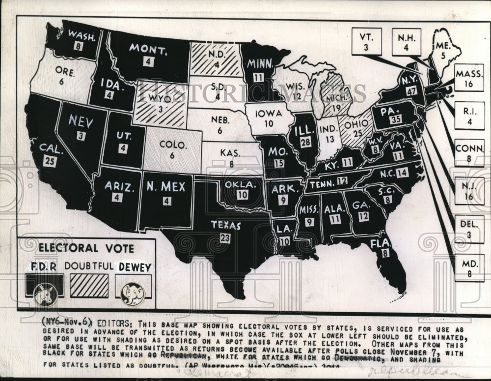 1944 Press Photo This base map showing electoral votes by states, is serviced - Historic Images