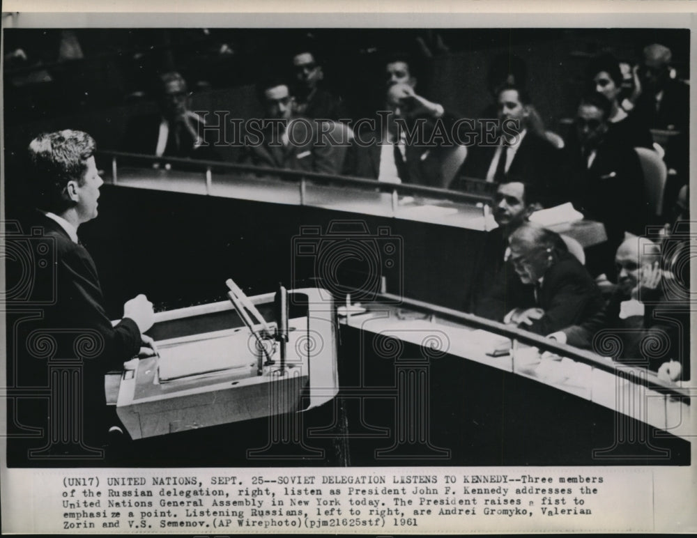 1961 Press Photo Soviet Delegation listens to Kennedy in UN Gen. Assembly in NY - Historic Images