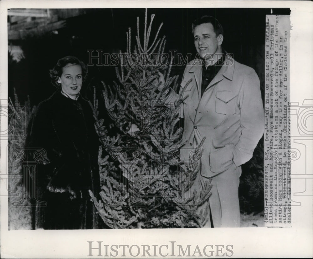 1947 Press Photo Elliot Roosevelt and wife Faye sells Christmas Trees - Historic Images