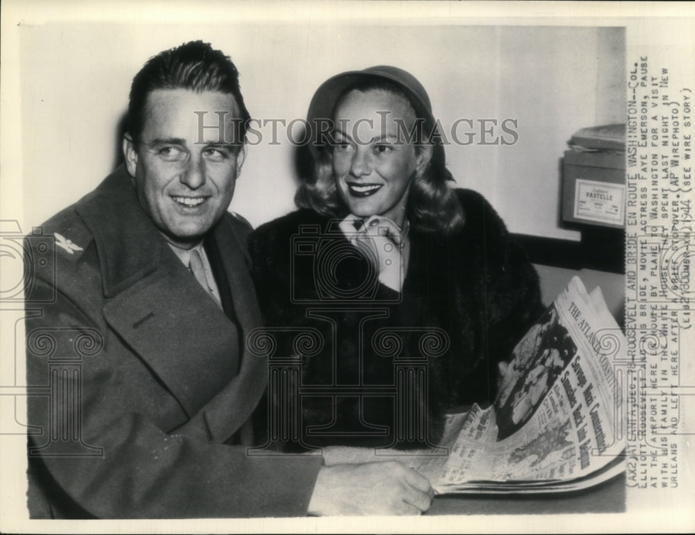 1944 Press Photo Col Elliot Roosevelt &amp; wife Faye Emerson to Washington - Historic Images