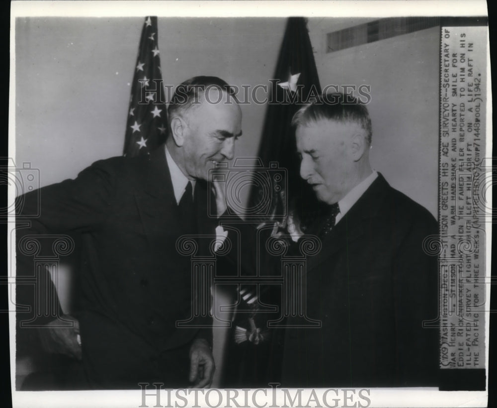 1942 Press Photo Stimson welcome Rickenbacker after Ill-fated survey flight - Historic Images